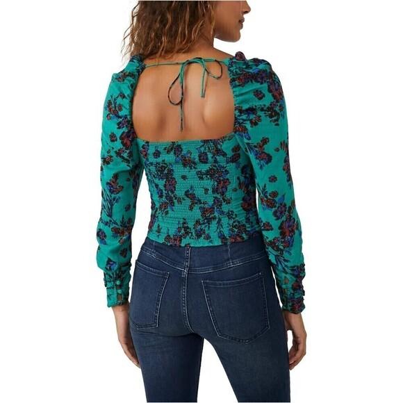 Free People Hilary Print Top Green Combo Shirt Crop Long Sleeve Blouse Size M T3 - Picture 2 of 11